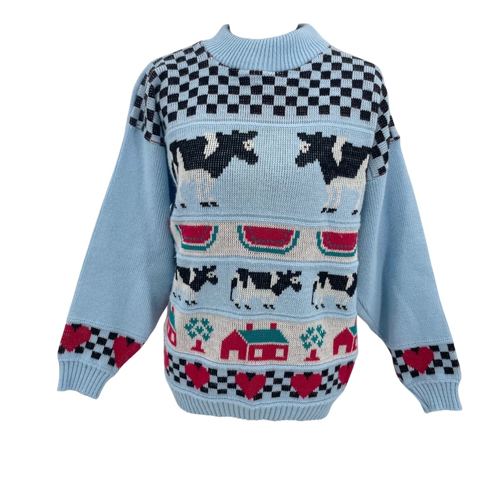VTG Adele Knitwear Vintage‎ Cow Watermelon Cottagecore Sweater Blue Made in USA
